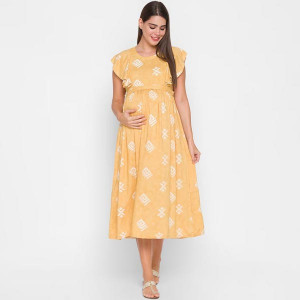 Women Yellow & White Printed Maternity Midi Dress